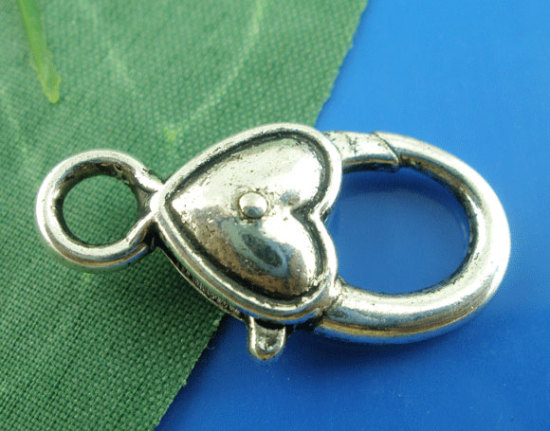 Image de 20 Pcs Fermoir Mousqueton en Alliage de Zinc Cœur Argent Vieilli 27mm x 13mm