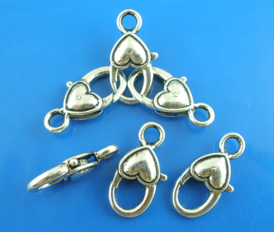 Image de 20 Pcs Fermoir Mousqueton en Alliage de Zinc Cœur Argent Vieilli 27mm x 13mm
