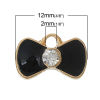 Picture of Zinc Metal Alloy Charm Pendants Bowknot Light Golden Black Enamel Clear Rhinestone 12mm x 8mm( 4/8" x 3/8"), 20 PCs