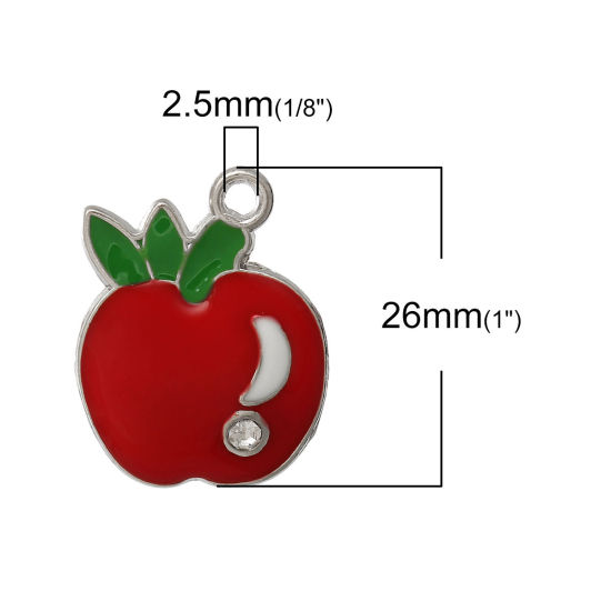 Bild von Zinklegierung Charm Anhänger Apfel Silberfarbe mit Transparent Strass 26mm x 20mm, 20 Stücke