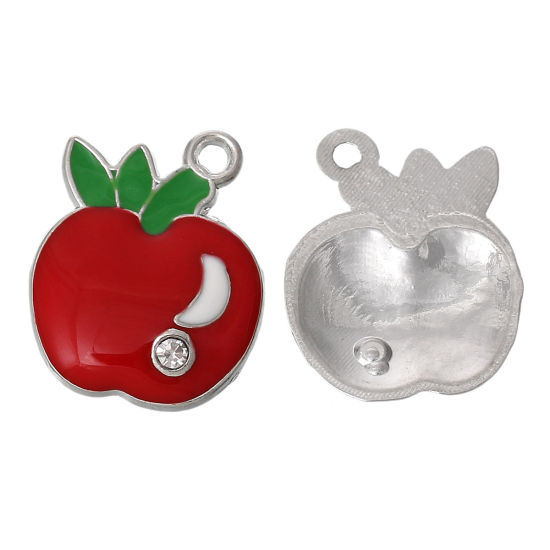 Bild von Zinklegierung Charm Anhänger Apfel Silberfarbe mit Transparent Strass 26mm x 20mm, 20 Stücke