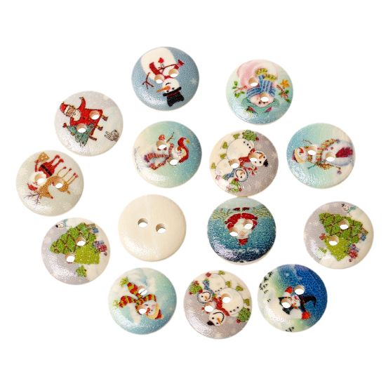 Picture of Natural Wood Sewing Buttons Scrapbooking 2 Holes Round At Random Mixed Christmas Pattern 15mm( 5/8") Dia, 100 PCs