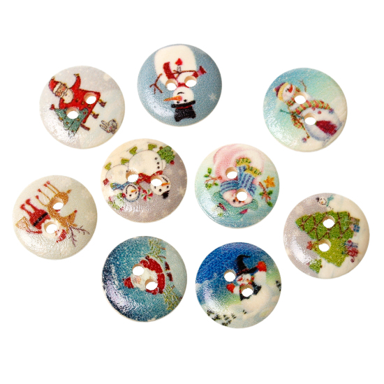 Picture of Natural Wood Sewing Buttons Scrapbooking 2 Holes Round At Random Mixed Christmas Pattern 15mm( 5/8") Dia, 100 PCs