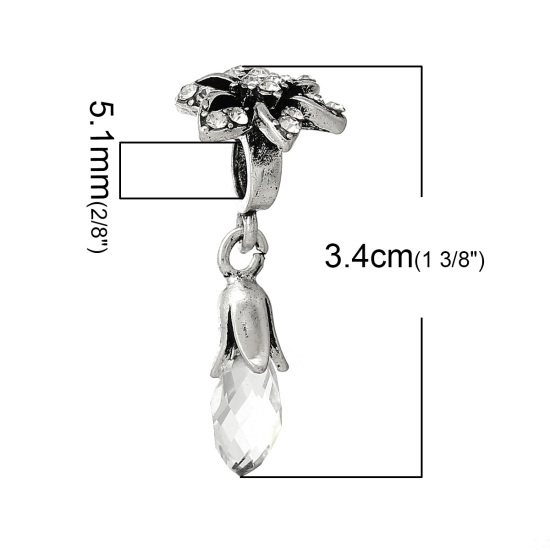 Image de Pendentifs Perle Dangle à Gros Trou au Style Européen en Alliage de Zinc+Verre Goutte d'Eau Argent Vieilli Fleurs à Strass Transparent 34mm x 15mm, 10 Pcs