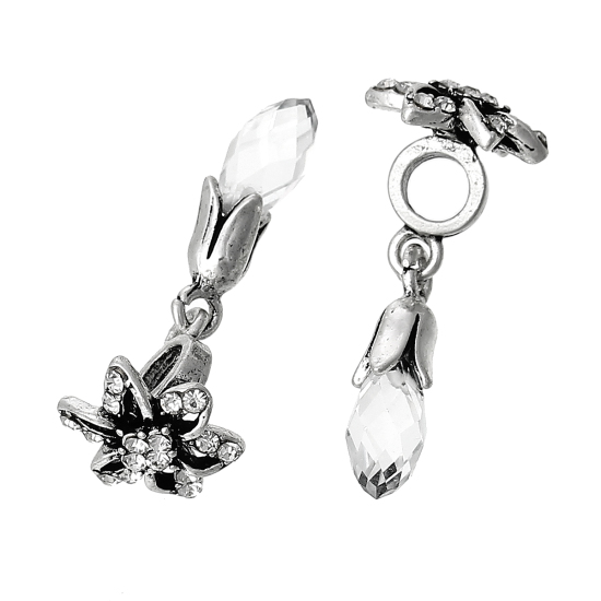 Image de Pendentifs Perle Dangle à Gros Trou au Style Européen en Alliage de Zinc+Verre Goutte d'Eau Argent Vieilli Fleurs à Strass Transparent 34mm x 15mm, 10 Pcs