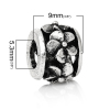 Picture of Zinc Metal Alloy European Style Large Hole Charm Beads Round Antique Silver Color Flower Carved About 12mm x 9mm, Hole: Approx 5.3mm, 10 PCs