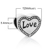 Picture of Zinc Metal Alloy European Style Large Hole Charm Beads Heart Antique Silver Color Message "LOVE" Carved About 12mm x 11mm, Hole: Approx 5.4mm, 10 PCs