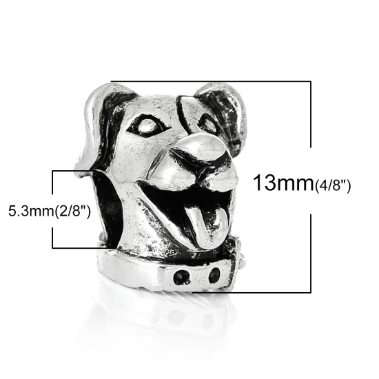 Image de Perles à Gros Trou au Style Européen en Alliage de Zinc Chien Argent Antique 13mm x 12mm, Tailles de Trous: 5.3mm, 10 Pcs
