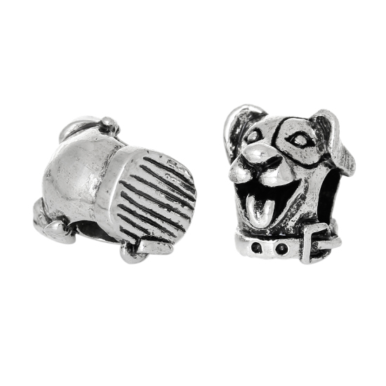 Image de Perles à Gros Trou au Style Européen en Alliage de Zinc Chien Argent Antique 13mm x 12mm, Tailles de Trous: 5.3mm, 10 Pcs