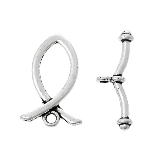 亜鉛合金 トグルクラスプ 魚 銀古美 24mm x 15mm 25mm x 9mm、 50 セット の画像