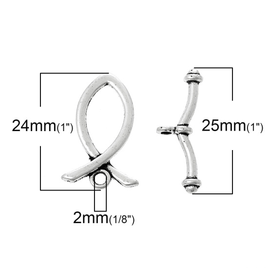 亜鉛合金 トグルクラスプ 魚 銀古美 24mm x 15mm 25mm x 9mm、 50 セット の画像