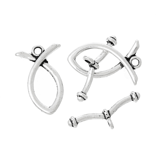 亜鉛合金 トグルクラスプ 魚 銀古美 24mm x 15mm 25mm x 9mm、 50 セット の画像
