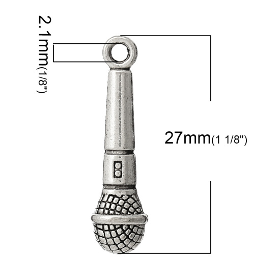 亜鉛合金 チャーム ペンダント マイク 銀古美 27mmx 7mm、 50 個 の画像