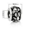 Picture of Zinc Metal Alloy European Style Large Hole Charm Beads Round Antique Silver Color Flower Carved About 12mm x 9mm, Hole: Approx 5.3mm, 10 PCs