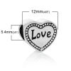 Picture of Zinc Metal Alloy European Style Large Hole Charm Beads Heart Antique Silver Color Message "LOVE" Carved About 12mm x 11mm, Hole: Approx 5.4mm, 10 PCs