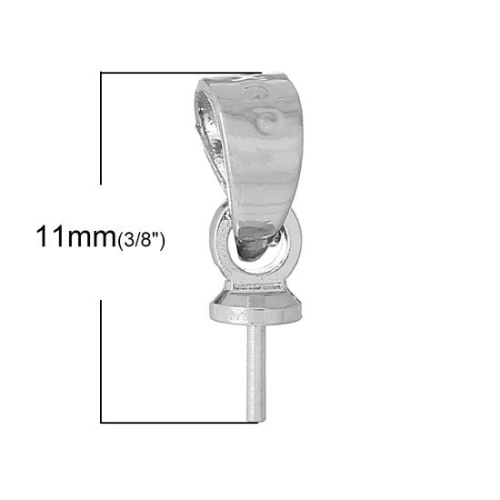 Picture of Brass Pearl Pendant Connector Bail Pin Cup Cap Silver Tone 11mm x4mm( 3/8" x 1/8") (Needle Thickness: 0.7mm), 100 PCs