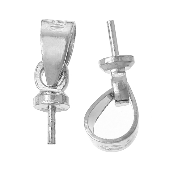 Picture of Brass Pearl Pendant Connector Bail Pin Cup Cap Silver Tone 11mm x4mm( 3/8" x 1/8") (Needle Thickness: 0.7mm), 100 PCs