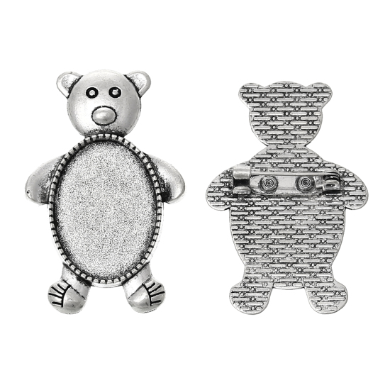 Image de Broche Epingle à Nourrice en Alliage de Zinc Ours Argent Vieilli (Convenable à Cabochon 25mm x 18mm) 4.4cm x2.9cm, 5 PCs