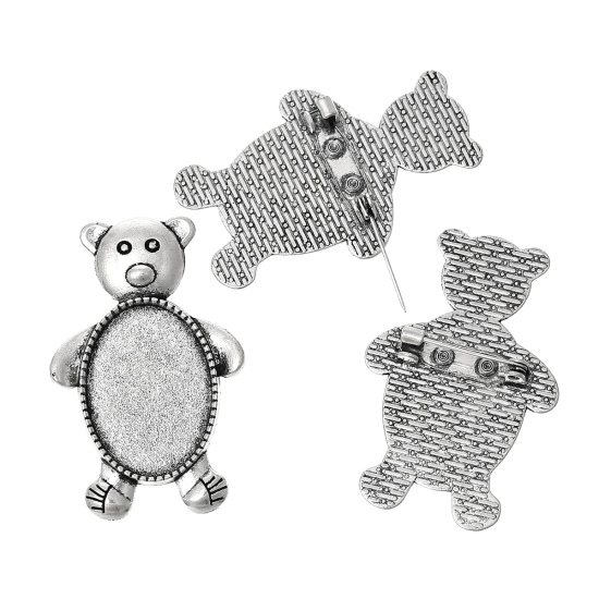 Image de Broche Epingle à Nourrice en Alliage de Zinc Ours Argent Vieilli (Convenable à Cabochon 25mm x 18mm) 4.4cm x2.9cm, 5 PCs