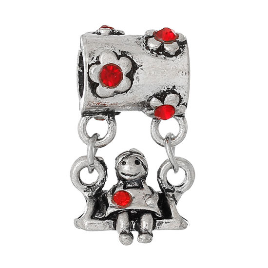 Image de Pendentifs Perle Dangle à Gros Trou au Style Européen en Alliage de Zinc Fille Argent Vieilli Fleurs à Strass Rouge 25mm x 14mm, 10 Pcs