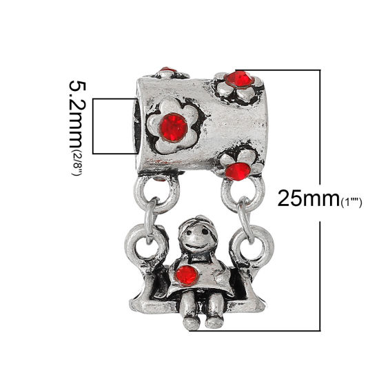 Image de Pendentifs Perle Dangle à Gros Trou au Style Européen en Alliage de Zinc Fille Argent Vieilli Fleurs à Strass Rouge 25mm x 14mm, 10 Pcs