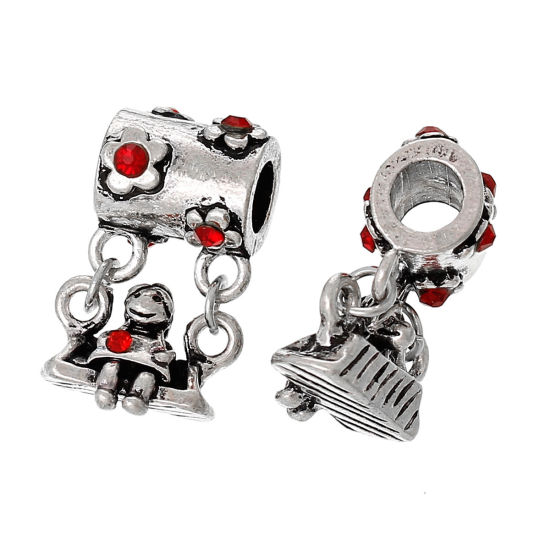Image de Pendentifs Perle Dangle à Gros Trou au Style Européen en Alliage de Zinc Fille Argent Vieilli Fleurs à Strass Rouge 25mm x 14mm, 10 Pcs