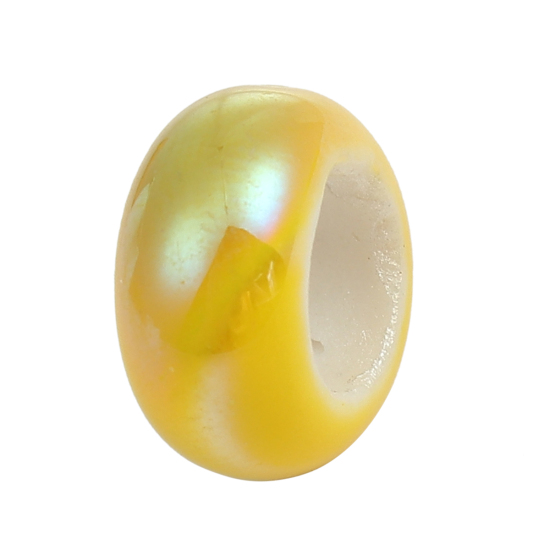 Image de Perles à Gros Trou au Style Européen en Céramique Plat-Rond Citron Env. 13mm x 6mm, Tailles de Trous: 6mm-6.4mm, 10 Pcs