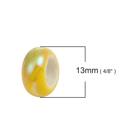 Image de Perles à Gros Trou au Style Européen en Céramique Plat-Rond Citron Env. 13mm x 6mm, Tailles de Trous: 6mm-6.4mm, 10 Pcs