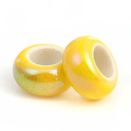 Image de Perles à Gros Trou au Style Européen en Céramique Plat-Rond Citron Env. 13mm x 6mm, Tailles de Trous: 6mm-6.4mm, 10 Pcs