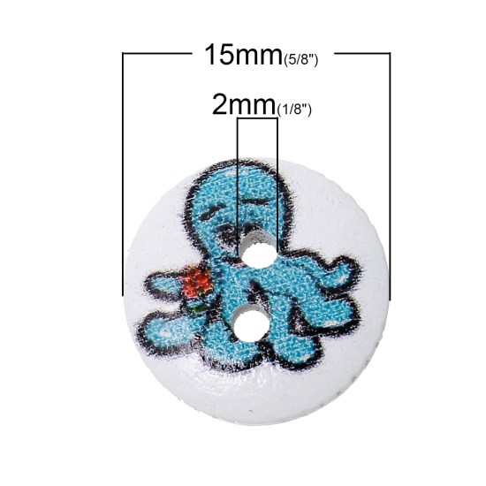 ウッド ボタン 円形  ランダムな色 二つ穴 動物柄 15mm 直径、 100 個 の画像