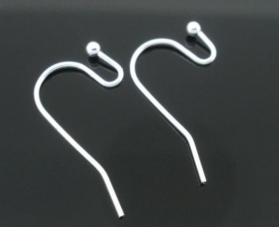 Picture of Brass Ear Wire Hooks Earring Findings Silver Plated Ball 21mm( 7/8") x 12mm( 4/8"), Post/ Wire Size: (21 gauge), 200 PCs
