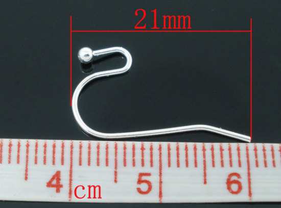 Picture of Brass Ear Wire Hooks Earring Findings Silver Plated Ball 21mm( 7/8") x 12mm( 4/8"), Post/ Wire Size: (21 gauge), 200 PCs