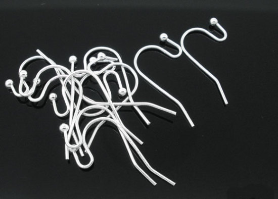 Picture of Brass Ear Wire Hooks Earring Findings Silver Plated Ball 21mm( 7/8") x 12mm( 4/8"), Post/ Wire Size: (21 gauge), 200 PCs
