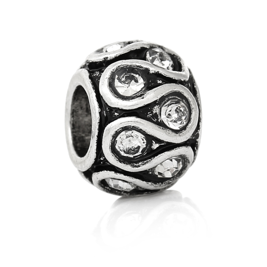 Image de Perles à Gros Trou au Style Européen en Alliage de Zinc Tonneau Argent Antique Rayé S à Strass Transparent 11mm x 8mm, Tailles de Trous: 5.1mm, 10 Pcs