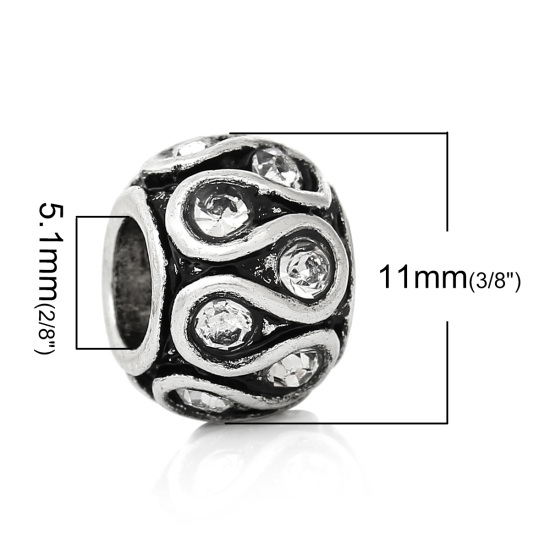 Image de Perles à Gros Trou au Style Européen en Alliage de Zinc Tonneau Argent Antique Rayé S à Strass Transparent 11mm x 8mm, Tailles de Trous: 5.1mm, 10 Pcs
