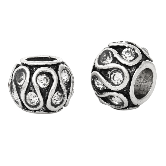 Image de Perles à Gros Trou au Style Européen en Alliage de Zinc Tonneau Argent Antique Rayé S à Strass Transparent 11mm x 8mm, Tailles de Trous: 5.1mm, 10 Pcs