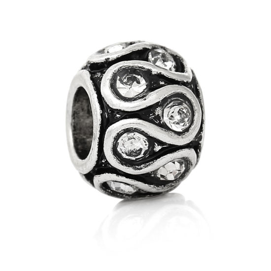 Image de Perles à Gros Trou au Style Européen en Alliage de Zinc Tonneau Argent Antique Rayé S à Strass Transparent 11mm x 8mm, Tailles de Trous: 5.1mm, 10 Pcs