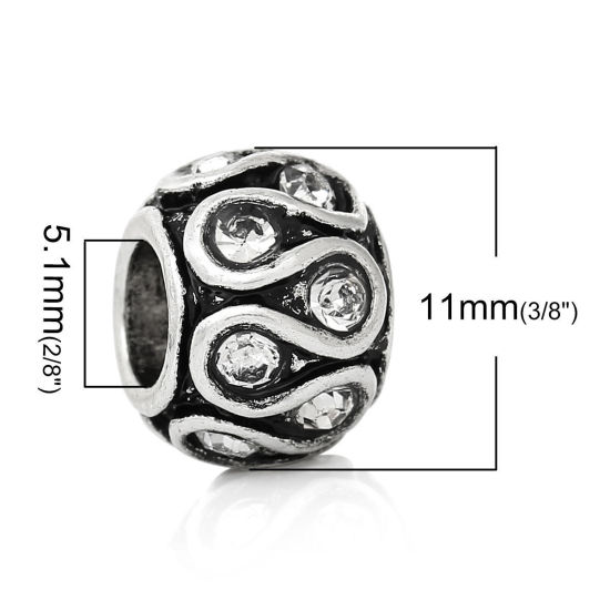 Image de Perles à Gros Trou au Style Européen en Alliage de Zinc Tonneau Argent Antique Rayé S à Strass Transparent 11mm x 8mm, Tailles de Trous: 5.1mm, 10 Pcs