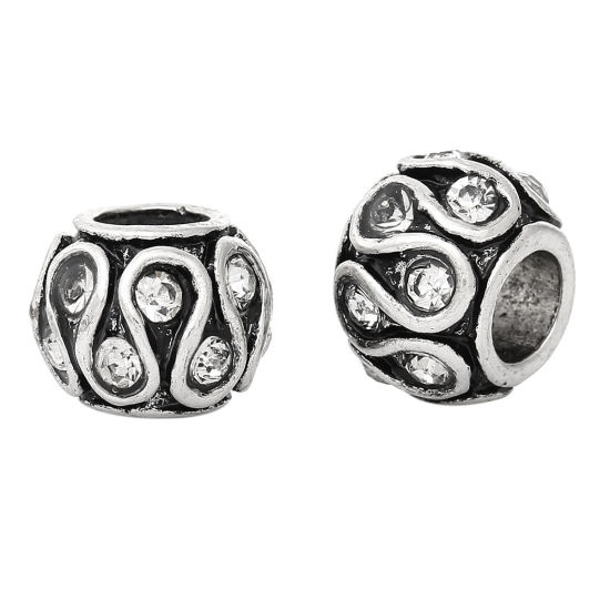Image de Perles à Gros Trou au Style Européen en Alliage de Zinc Tonneau Argent Antique Rayé S à Strass Transparent 11mm x 8mm, Tailles de Trous: 5.1mm, 10 Pcs