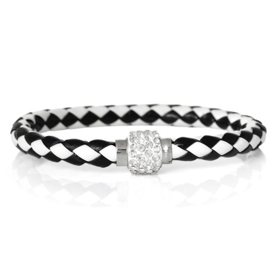 Image de 5 Pièces Bracelets Tressés Simple en Laiton Noir & Blanc A Facettes à Strass Transparent