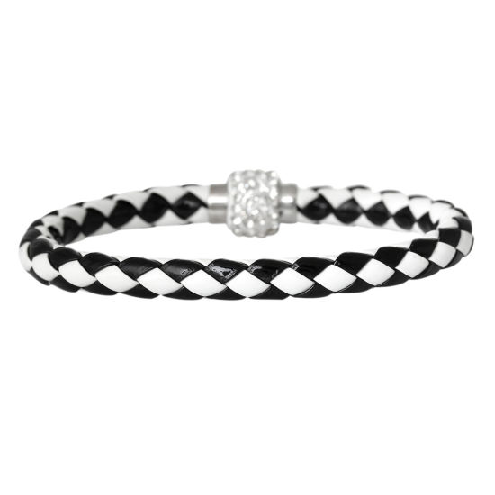 Image de 5 Pièces Bracelets Tressés Simple en Laiton Noir & Blanc A Facettes à Strass Transparent