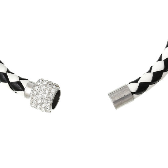 Image de 5 Pièces Bracelets Tressés Simple en Laiton Noir & Blanc A Facettes à Strass Transparent