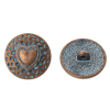 Picture of Zinc Based Alloy Metal Sewing Shank Buttons Round Antique Copper Heart Carved Spray Painted Blue 18mm( 6/8") Dia, 30 PCs