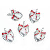 Picture of Zinc Metal Alloy Charm Pendants Heart Silver Plated Bowknot Carved Red Enamel 15mm x 11mm( 5/8" x 3/8"), 5 PCs