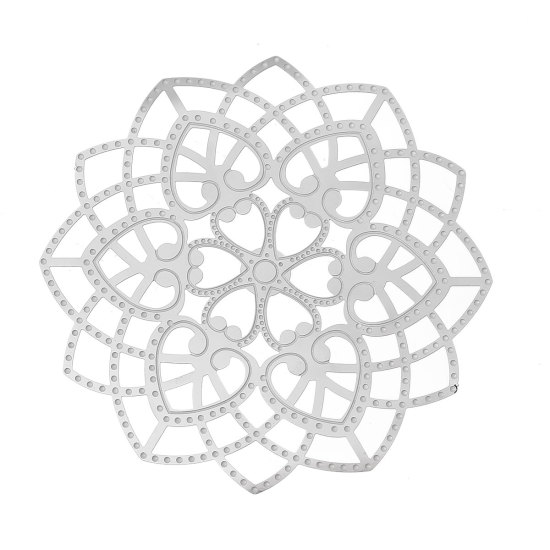 304ステンレス鋼 ハンドメイド  フィリグリー   透かしパーツ  花 シルバートーン ハート柄 6.2cm x 6.2cm、 10 個 の画像