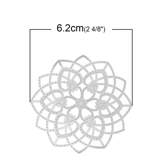 304ステンレス鋼 ハンドメイド  フィリグリー   透かしパーツ  花 シルバートーン ハート柄 6.2cm x 6.2cm、 10 個 の画像