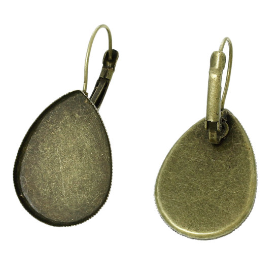 Image de Boucles d'Oreilles Clips Supports à Cabochons en Alliage de fer Forme Goutte d'eau Bronze Antique (Cabochon Rapportable 25mm x 18mm) 3.7cm x 1.9cm, Epaisseur de Fil: (20 gauge), 50 Pcs