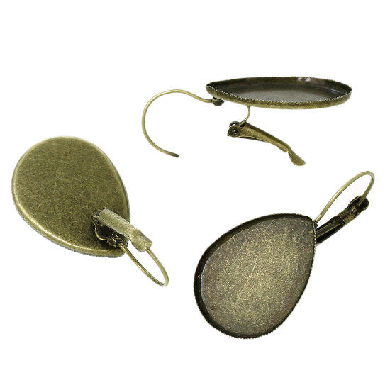 Image de Boucles d'Oreilles Clips Supports à Cabochons en Alliage de fer Forme Goutte d'eau Bronze Antique (Cabochon Rapportable 25mm x 18mm) 3.7cm x 1.9cm, Epaisseur de Fil: (20 gauge), 50 Pcs