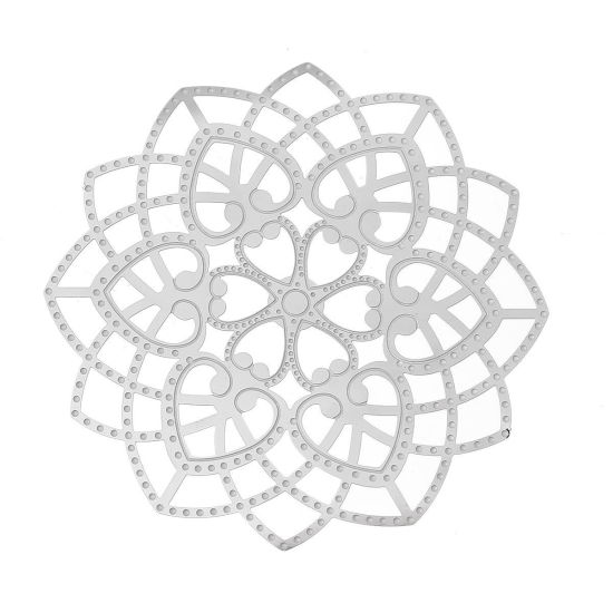304ステンレス鋼 ハンドメイド  フィリグリー   透かしパーツ  花 シルバートーン ハート柄 6.2cm x 6.2cm、 10 個 の画像