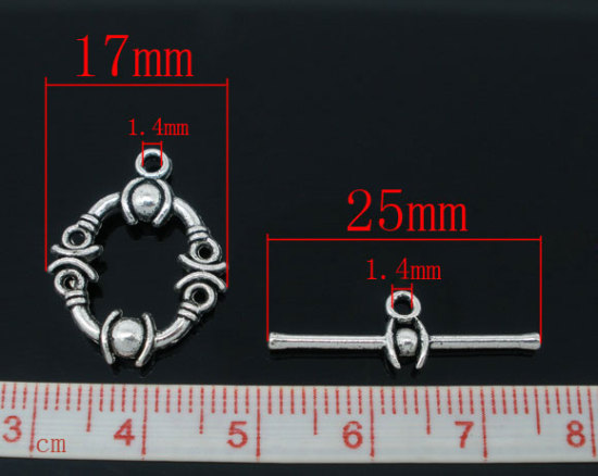 亜鉛合金 トグルクラスプ 楕円形 銀古美 柄パターン 21mm x 17mm 25mm x 8mm、 25 セット の画像
